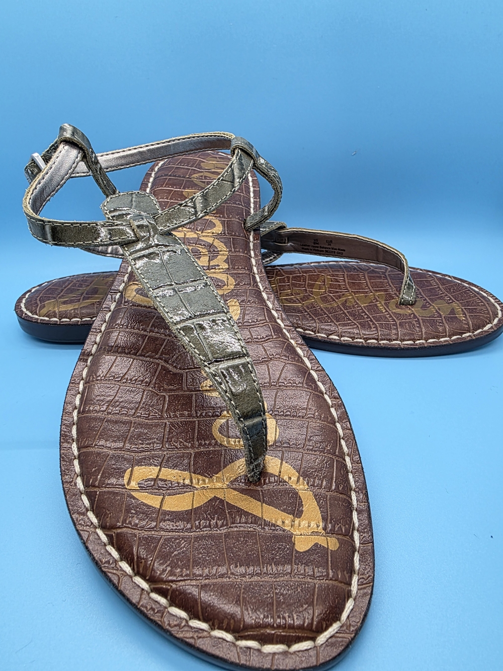NEW Sam Edelman Croc-Embossed T-Strap Sandals in Sage Brown